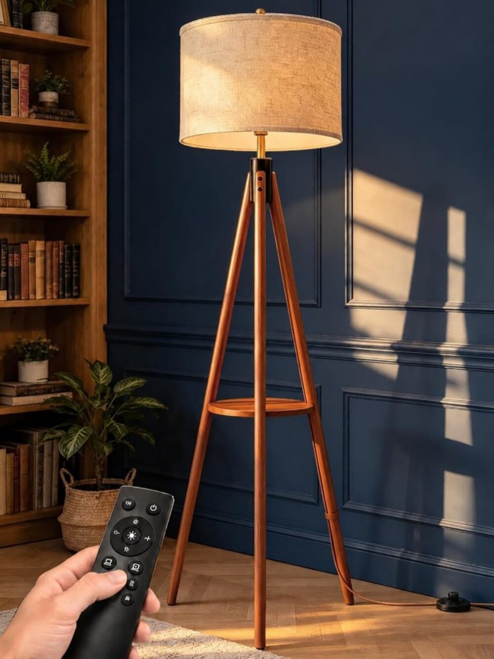 Mid Century Modern Solid Wood Tripod Floor Lamp with Tray & Remote Control